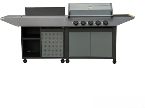 Cook'in Garden - Cocina exterior de gas BURN, Barbacoa con postre integrado, 5 quemadores, termómetro integrado, almacenamiento adicional, estructura de acero, ideal para 12 invitados