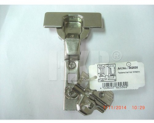 HKB ® 1 Stück Topfscharnier Intermat, Federscharnier, Stahl vernickelt, für Mittelwandanschlag, Kröpfung 9,5mm, mit Kreuzmontageplatte und Schrauben, Hersteller Hettich, Artikel-Nr. 62530