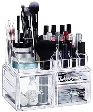 Relaxdays Make-Up Organizer, 3 Schubladen, Schmink-Aufbewahrung f. Nagellack, Lippenstift, Acryl Organizer, transparent