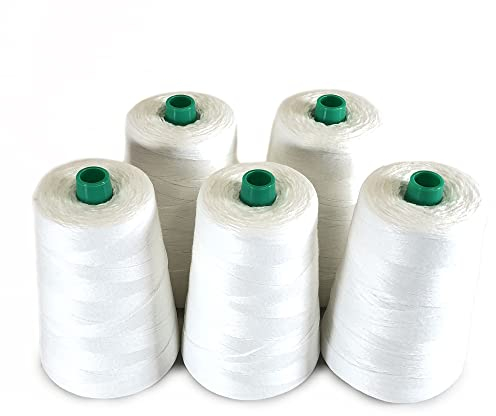 PAMPOLS Packung mit 5 Rollen dickem Polyestergarn für Beutelnähmaschine | Hochfestes Seil zum Verschließen | Taschen 5 Zapfen von 20/4 von 200gr | Weiß (Weiß)