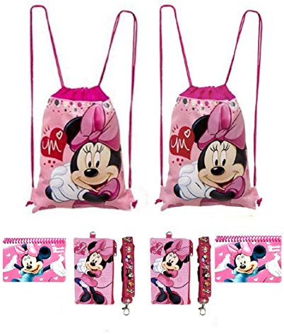 D i s n e y Mickey and Minnie Mouse Drawstring Backpacks Plus Lanyards with Detachable Coin Purse and Autograph Books (Set of 6) (Pink - Pink)