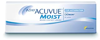 ACUVUE MOIST 1-DAY for Astigmatism Tageslinsen – Tageskontaktlinsen mit -2.25 dpt, Cyl -1.25, Ach 150 & BC 8.5 – UV Schutz, feuchtigkeitsspendend & angenehmes Tragegefühl – 30 Linsen