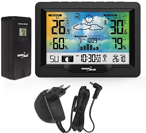 Green Blue GB540 Wetterstation mit Farbdisplay DCF Funkuhr Innen- und Außentemperatur Wettervorhersage Mondphasen Außensensor (Wetterstation + Netzteil)