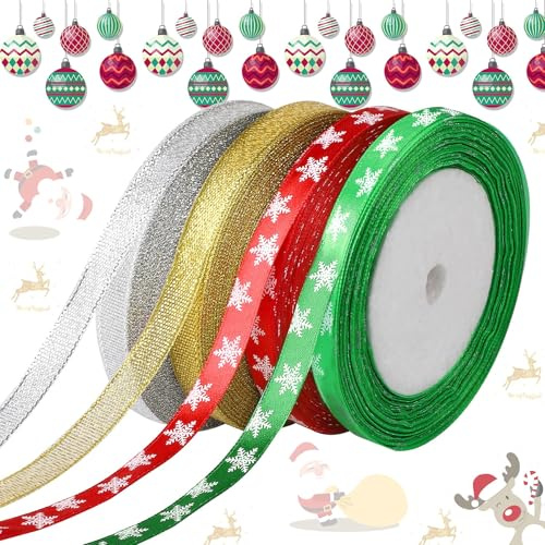 Augshy 4 Rollen 100 Yards Schleifenband Weihnachten 10mm Breite Geschenkband für Weihnachten Feiertags Geschenk Verpackung Dekorationen