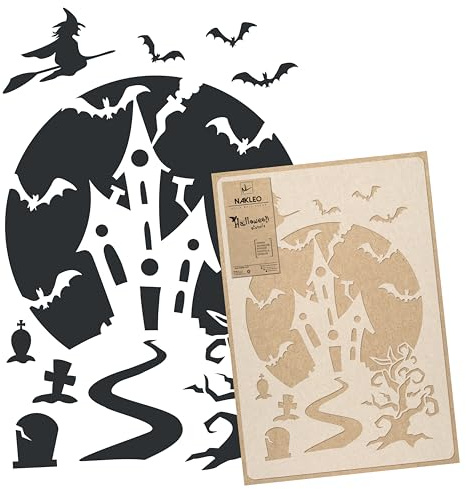 NAKLEO Plantilla de Halloween para Pintar 43x64cm, Casa de Miedo Patrón Plástico y Reutilizable, Stencil Dibujar Manualidades DIY Artesanía Casa Decoración, Ventana Pared Muebles Madera