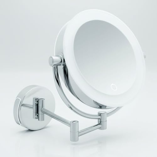Libaro Kosmetikspiegel XXL Tokio – LED Schminkspiegel 5x/10x Vergrößerung – Wandmontage mit Dimmer & Auto-Off – ausziehbarer Beautyspiegel Ø 18,5 cm – Betrieb mit Batterien oder USB-Kabel