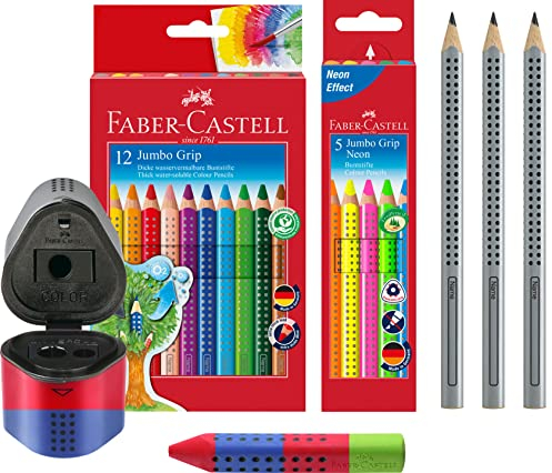 Faber-Castell - Farbstift Jumbo Grip Kartonetui 12er + 5er Etui Jumbo Grip Neonfarben + 3 Jumbo Bleistifte + Spitzdose und Radierer (zufällige Farben)