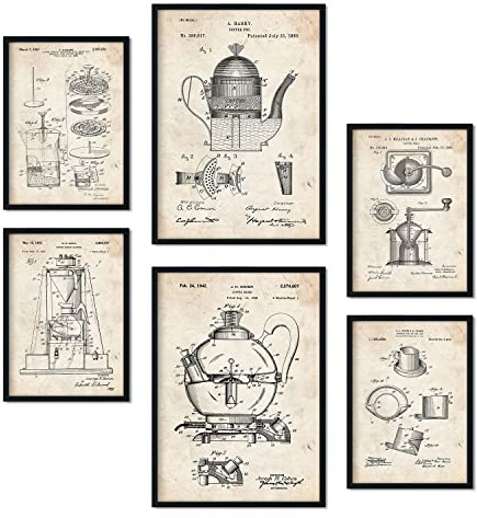 Nacnic Set von 6 Plakaten mit Kaffeemaschine Patenten. Plakate mit Retro-Patentabbildungen. Inneneinrichtung im Vintage-Stil. Grösse A4 und A3. Ohne Rahmen.