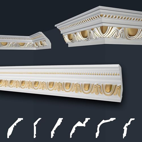Molduras de techo Marbet paquete económico dorado de poliestireno EPS molduras de estuco estampadas en diseño tradicional (2 metros B24 G) moldura decorativa de esquina perfiles de esquina estuco