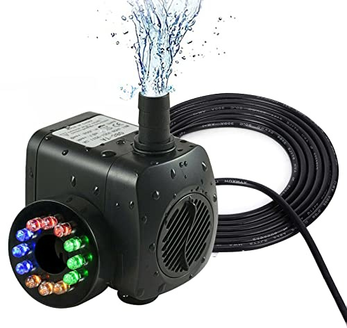 Wasserpumpe Aquarium, Aquarium Pumpe Leise, Teichpumpe Regelbar Selbstansaugend, Springbrunnenpumpe Garten mit Licht & 2 Düsen, Tauchpumpe Aquarium - Teich - Hydrokultur 15W 800L/H Filter Förderpumpe