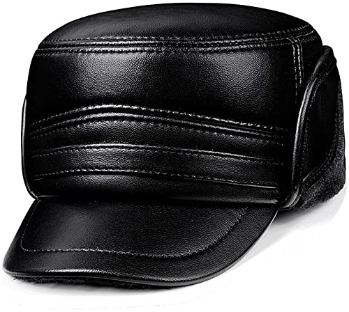 JIARY Mütze Herren,Wintermütze aus Leder mit Ohrenklappenfür,Leder Fliegermützen Mit Ohrenschutz Winter Mützen Warm Kappe,Black c,2XL