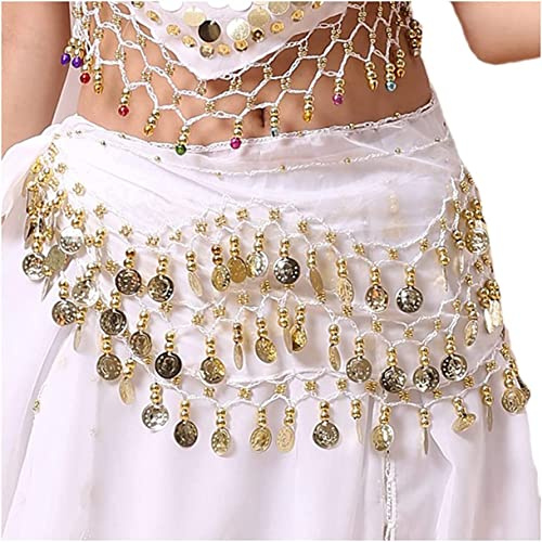 Pañuelo Danza del Vientre, Falda de Pañuelo con Monedas de Lentejuelas Brillantes, Cinturón Danza del Vientre Mujer (Blanco)