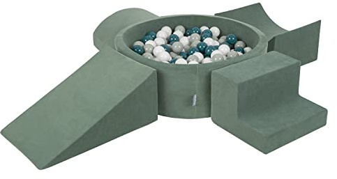 KiddyMoon Lekplats Velvet skummad lekplats med rund boll sammet 200 bollar, version 5 bollgropar, lekplats för bebis, tillverkad i EU, skogsgrön, mörk turkos/grå-grön/vit