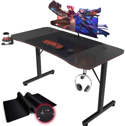 Devoko Bureau Gaming 140x60cm Ergonomique Noir Résistant Eau & Rayures | Surface XXL, Support Casque, Porte-Gobelet, Tapis Souris Inclus, Gestion Câbles, Design Stable, Idéal Setup Jeu & Travail