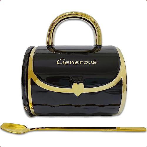 SISETOP Geldbörse Porzellan Kaffeebecher, 400ML Handtasche Geformte Espressobecher, Kaffeetasse mit Deckel, Personalisierte Tasse für Teeparty, Muttertag, Valentinstag, Ruhestandsgeschenke, Schwarze