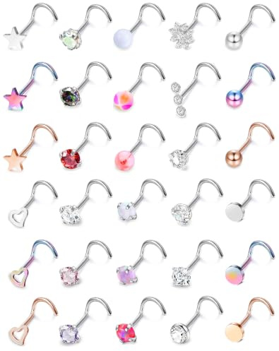 MILACOLATO 30Pcs Nose Rings Studs for Women Men 316L Stainless Steel Nose Piercings Jewelry 18G 20G Straight L Shaped Corkscrew Nose Rings Cubic Zirconia Opal Nose Studs Hypoallergenic