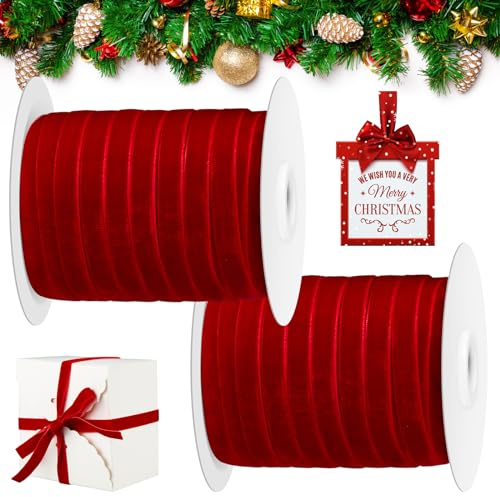 Cindeer 100 Yards Samt Valentinstag Schleifenbänder Samt Geschenkbänder Satin Vintage Bordüre Samtbänder Rollen für Geschenk Verpackung Haarschleife Basteln Party Hochzeit (Rot, 0,95 cm)