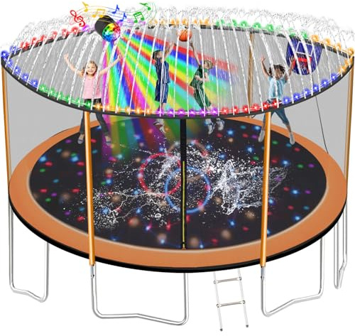 Goujxcy 10FT 12FT 14FT 15FT 16FT Trampoline for Kids Adults, 1500 LBS Outdoor Trampolines with Basketball Hoop, Lights with Music, Sprinkler, Enclosure Ladder, Recreational Backyard for Kids Teens