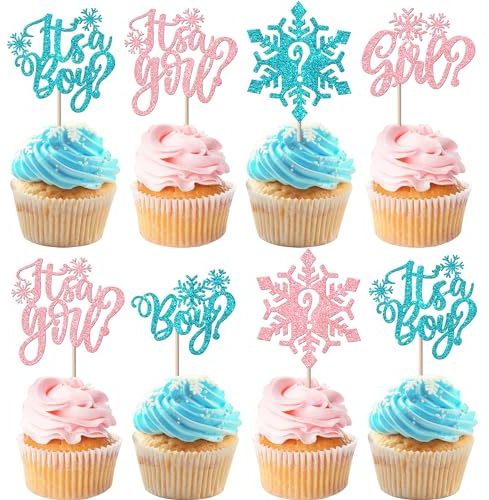 Xsstarmi 24 Stück Schneeflocke Junge oder Mädchen Cupcake Toppers Winter Frozen It's a Boy or Girl Schneeflocke Cupcake Picks Geschlecht enthüllen Kuchen Dekorationen für Babyparty Geburtstag Party