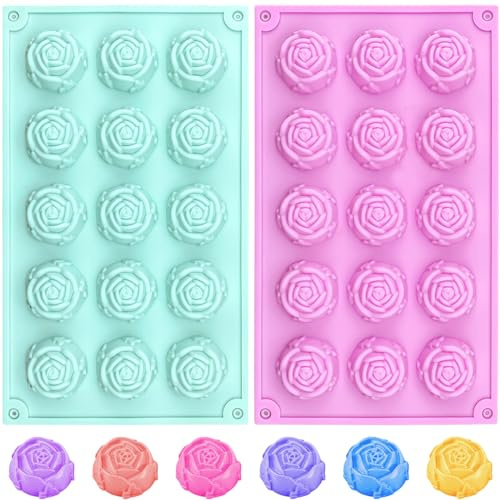 2 Pcs Rose Silicone Fondant Molds 15 Cavity Flower Cake Resin Mold Candy Chocolate Ice Cube Fondant Molds Kitchen Baking Tools for Sugarcraft Cake Decorating