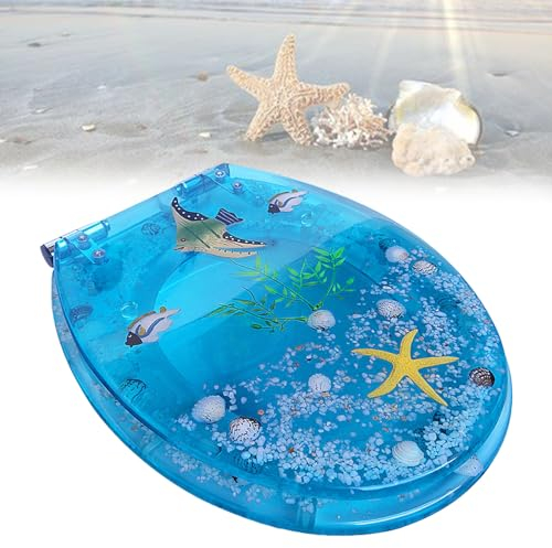 WC-Sitz mit Mute Slow-Down Harz-Brett WC-Deckel für Badezimmer und Waschraum, Toilettensitz mit blauem Ozean gelben Seestern transparente 3D-Effekte dekorative
