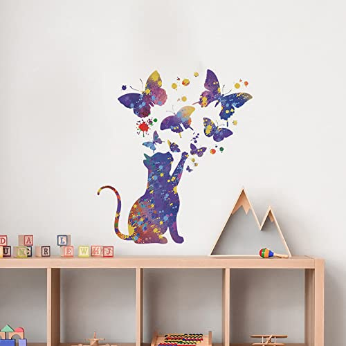 Buer Homie Cat and Butterfly Wall Stickers Wallpaper, Cat Wall Decals for Bedrooms, Girls Wall Decals Stickers for Bedrooms