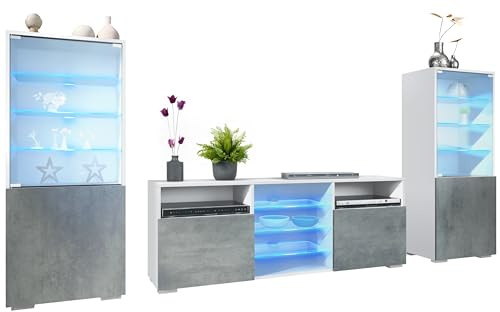 Vladon Wohnwand Granada, Anbauwand bestehend aus 2 Vitrinen und 1 TV-Board, Weiß matt/Beton Dunkel Optik inkl. LED-Beleuchtung (286 x 122,5 x 35 cm)