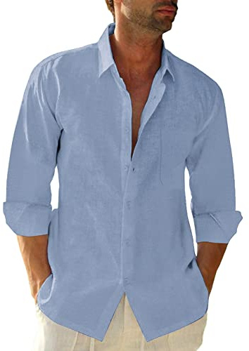 Friptspyg Hommes Chemise Lin Coton Manches Longues Bouton Bas Coupe Regular Casual Chemise de Plage Regular Fit Chemises L'été avec Poche, Bleu Ciel XXL