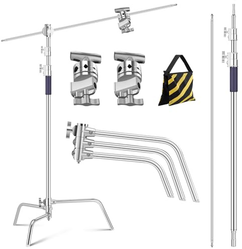 K&F CONCEPT 330CM Support en C en Acier Inoxydable Robuste avec Bras de Perche, trépied de lumière de Photographie réglable avec Bras de Maintien de 126cm, 2 têtes de poignée pour Studio, Charge 20KG