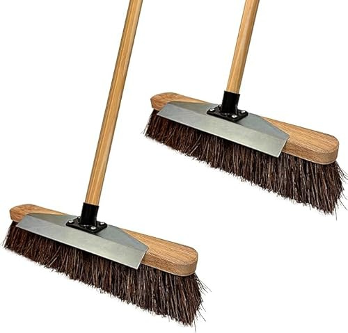 LSC 16” Outdoor Garden Broom & Metal Scraper with Wooden Handle Stiff Bassine Hard Bristle with Durable Support Bracket Yard Brush Heavy Duty Broom Outdoor Sweeping Yard (PACK OF 2)