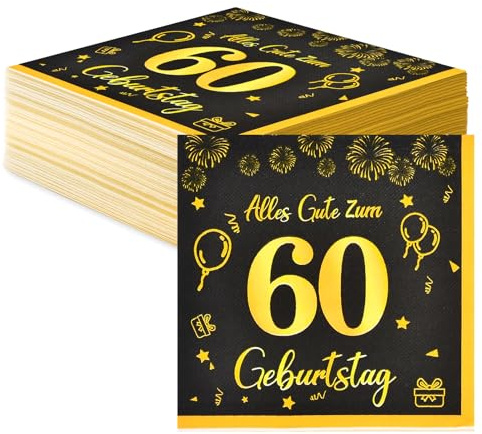 Servietten 60. Geburtstag Schwarz Gold Tischdeko für Mann und Frau - 40 Stk Happy Birthday Papier Servietten Decorations 33x33cm