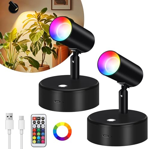 Glowlit 2 Stück LED Strahler Akku mit Fernbedienung RGB, 5500mah Bilderleuchte Kabellos, Aufladbar Wandstrahler Innen, 13 Farbe Kabellose Spotlight, Dimmbar Pflanzenstrahler Batterie Schwarz