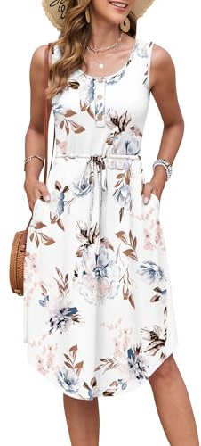 AUSELILY Vestidos Verano Mujer Vestido Playa Mujer sin Mangas con CordóN Cuello Redondo Vestido Midi hasta la Rodilla Elegante Vestido Informal con Bolsillos Flores Blancas L