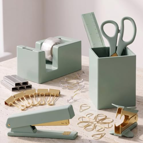 Aesthetic Desk Accessories Set - A Complete Desktop Organizer Set For Women Enhances Any Office Decor - An Office Supplies Kit w Gold Finish incl. Pen Holder, Scissors, Stapler, Tape Dispenser & More