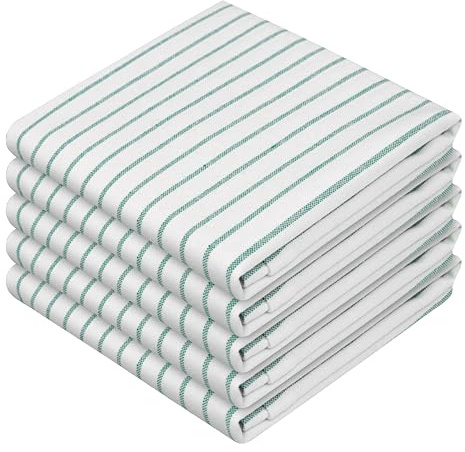 HEIRLOOM COMFORT Sea Green Striped Kitchen Dish Towels (5-Pack), Quick Dry, Ultra Absorbent & Durable, 100% Cotton Classic Stripe Towels for Drying Dishes, Wiping, and Daily Kitchen Cleanup
