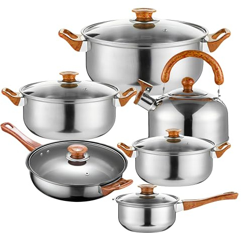 Retoo Topfset Edelstahl 12-teilig, Kochtopfset mit Glasdeckel & braunen Griffen, Töpfe Pfanne Wasserkessel Stieltopf, Spülmaschinenfest für Gas & Ceranfeld
