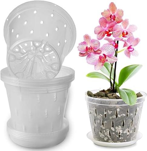 Clear Orchid Pot 4 Packs Plastic Orchid Pots with Holes and Saucers Breathable Slotted Planters Transparent Nursery Flower Pots for Indoor & Outdoor Orchid Repotting (17.2 cm)