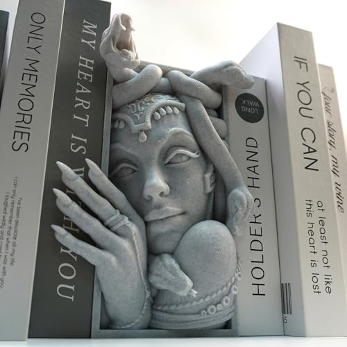 Medusa 3D-gedruckte dekorative Buchstütze, leicht, langlebig, Bücherregal, Zubehör für Freunde, stilvolle Buchstütze, ideale Heimdekoration, unverzichtbar für Buchliebhaber (Grau Medusa)