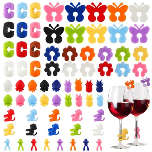 CRESZZLE 70 marqueur de verre en silicone colorés, réutilisables, chaque marque verre a pied est unique, dont certains avec une touche de papillon decoration élégante.