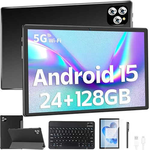 10 Zoll Android 15 Tablet mit Tastatur – 24 GB (4+20) RAM + 128 GB ROM (1 TB erweiterbar), 2 in 1 Tablets mit 8-Kern, 7200 mAh, 5G WLAN, Widevine L1, mit Hülle, Tastatur und Stylus-Black(No Charger)