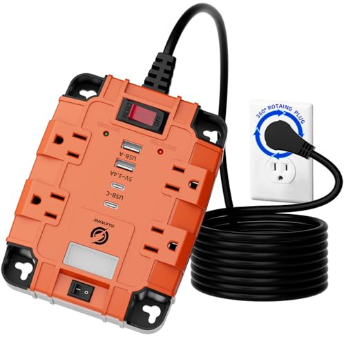 Magnetic Power Strip with Surge Protector, 6FT Power Cord with 360° Rotating Flat Plug, 4 AC Outlets & 4 USB Ports, Dual Magnets & 4 Mounting Holes for Workshop, Home and Office, ETL Listed, Orange