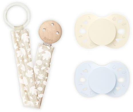 BIOLANE - Lot de 2 Tétines Anatomiques et Attache tétine Beige - Bleue et Beige - 0 à 6 mois - Téterelle Reversible - Confort Optimal - Tissu 100% coton - Respect du développement bucco-dentaire