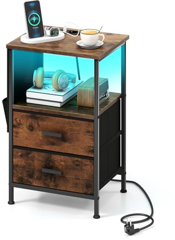 COSTWAY Table de Chevet avec Prise, Table d'Appoint LED, 2 Tiroirs Pliables, 6 Poches Latérales, Chevet de Lit Lumineuse pour Chambre, Salon(1,Marron Rustique LED)