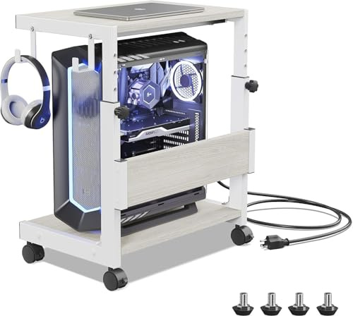 Höjdjusterbart datortornstativ med 2-nivåer ATX-Case Cart, golvstående datorstativ, skrivarstativ med förvaringsutrymme, låshjul, passar de flesta datorer (vit, B 44 x D30 x H 44-59,5 cm)