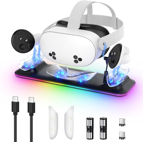 Charging Dock for Meta Quest 3S/3, Kinwin Magnetic Charging Station for Oculus Quest 3S/3 Accessories with RGB Light, Charging Stand for VR Headset & Controller with 2 Rechargeable Batteries (Black)