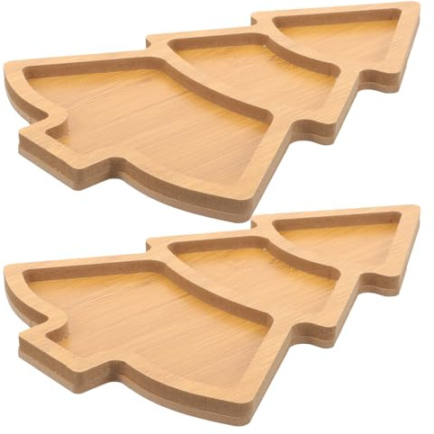 Gatuida Lot de 2 plateaux de service de Noël en bois : plateau de fête en forme d'arbre, plateau à collation divisé, assiette d'apéritif rustique pour biscuits, fruits et friandises de