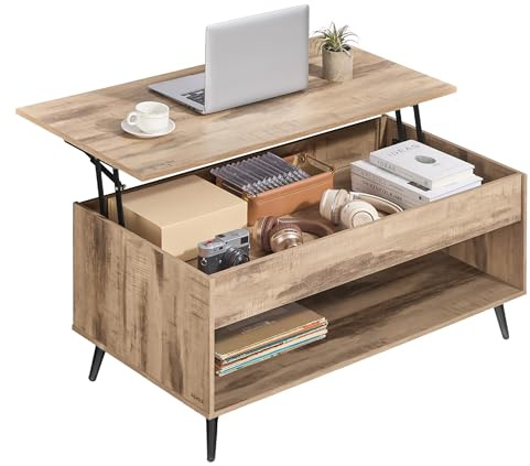 VASAGLE Lift Top Coffee Table, Lift Tabletop Dining Table, Gas Spring, Hidden Compartment, Open Storage Shelf, for Living Room, Home Office, Camel Brown and Matte Black LCT267LB01