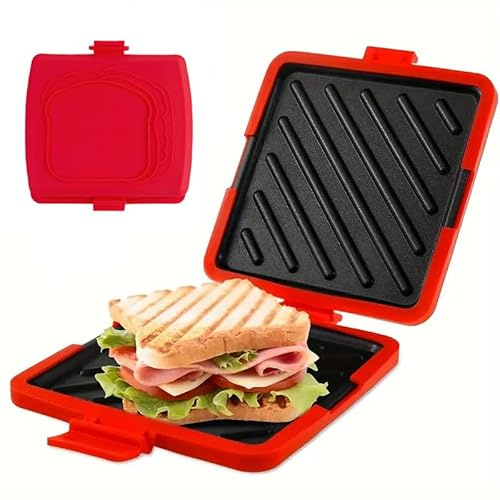 Microwave Toastie Maker, Microwave Toastie Sandwich Maker and Grill Wireless Silicone Microwaveable Cookware Non-Stick Breakfast Sandwich Toasties Panini Maker for Home Office, Dishwasher Safe (Red)