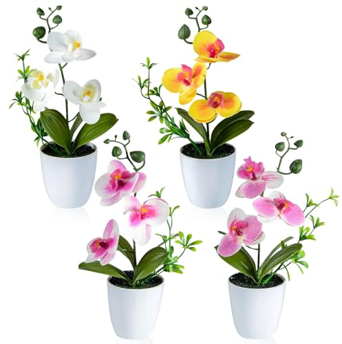 4 Orchideen künstlich - 27cm Kunstblumen & -Pflanzen, Phalaenopsis Kunstpflanze, Blumen im Topf, Kunstblumen wie echt, Weiß Rosa Blumen Dekoblume Kunstpflanze für Wohnzimmer Büro Dekoration (Rosa)