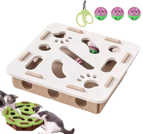 Cat Nail File Box - Boîte interactive à ongles chat pour l'entretien des griffes et le plaisir de jeu, boîte à gratter et puzzle en bois avec 3 boules de clochette, papier de verre à l'intérieur avec